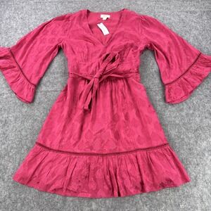 Maeve by Anthropologie Dress Womens 12 Pink Wrap Belted Bell Sleeve Ruffle Lace